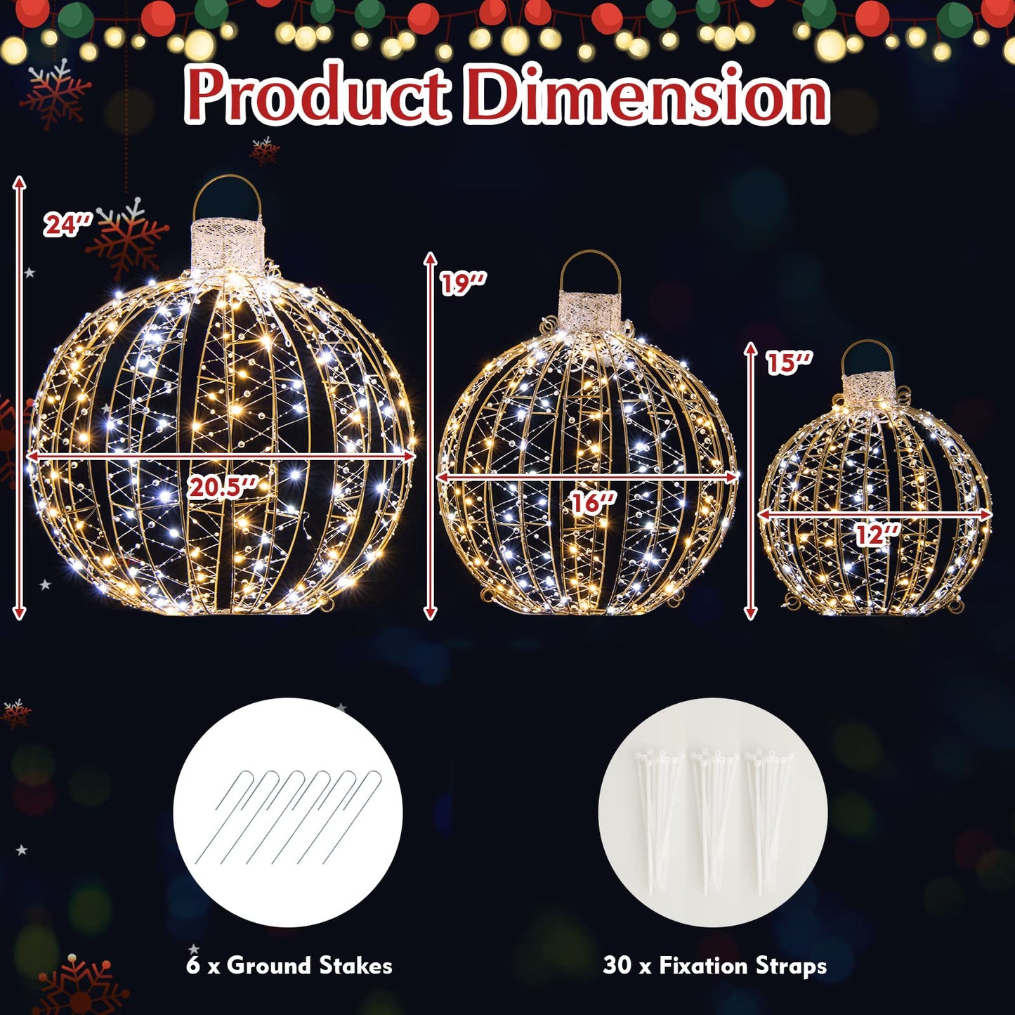 Tangkula Christmas LED Light Balls for Tree (3 Pack), Outside Lighted Sphere with 180 Warm White & 180 White LED Lights, Holiday Lighted Decorations, Christmas LED Light Balls for Indoor Outdoor Decor