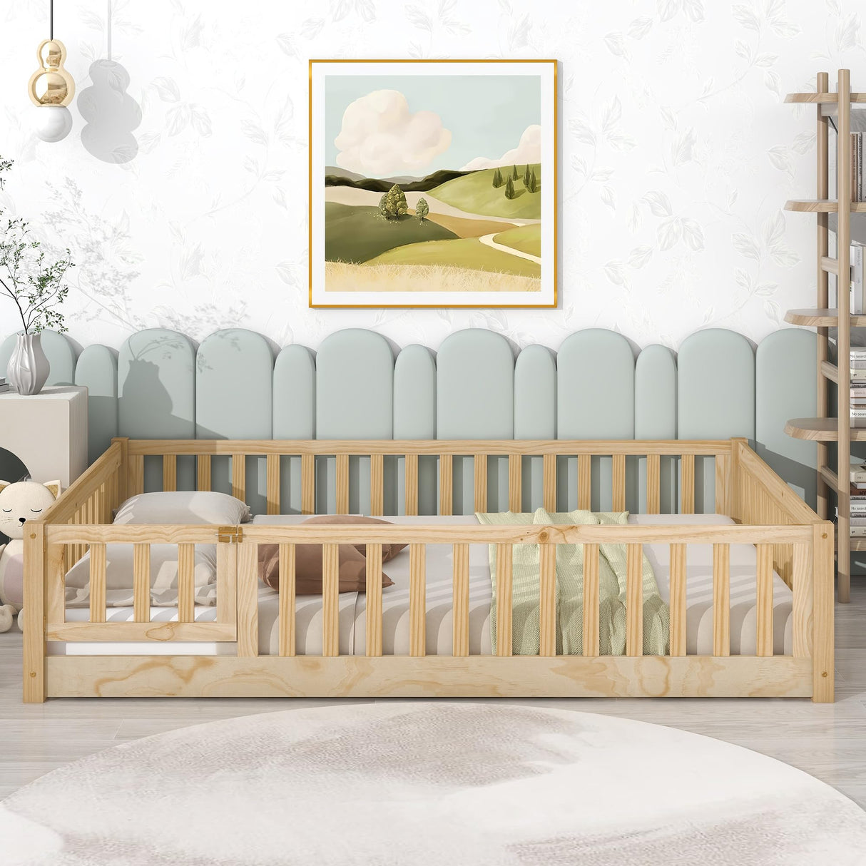 A ALFRESCOOL Full Size Montessori Floor Bed with Safety Fence & Convertible Door, Pine Wood Toddler Floor Bed Frame with Support Slats and Full-Length Guardrails for Kids Girls Boys (Natural) A ALFRESCOOL