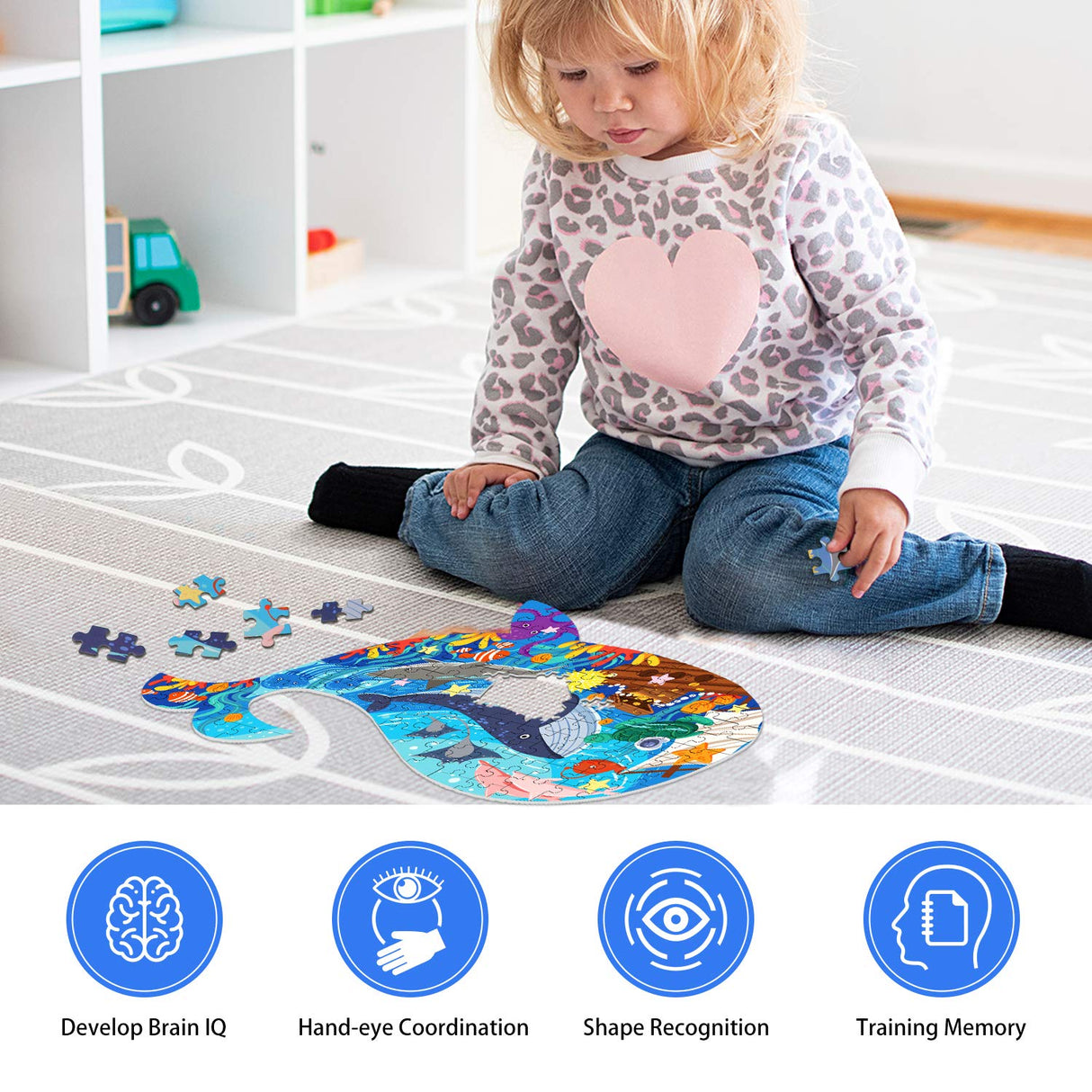 Jigsaw Puzzles for Kids Ages 4-8, 108 Pieces Whale Shaped Cardboard Puzzles for Animal Lovers, Sturdy Floor Puzzles Box and Poster, Educational Toys Gift for Boys Girls, 23.38 x 14.72 Inch AivaToba