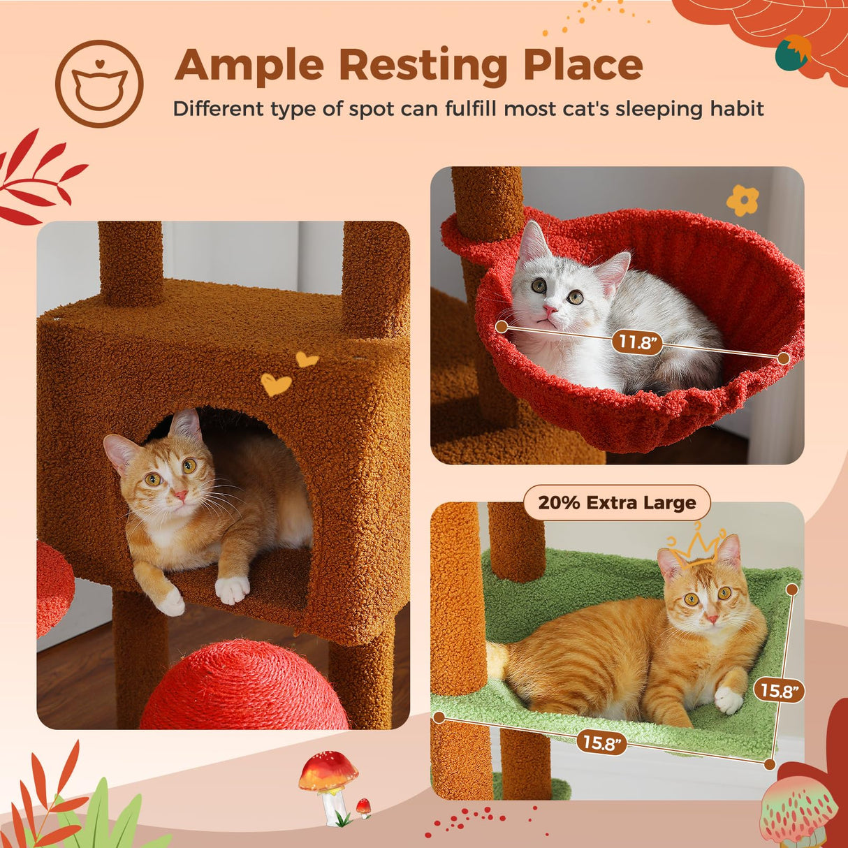 PEQULTI Mushroom Floor to Ceiling Cat Tower Adjustable Height (90.5''-100.4'' = 230cm-252cm) With Condo, Cozy Hammock and Scratching Post, Tall Activity Tree for Indoor Cats, Brown PEQULTI