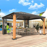 YOLENY 12' x 14' Ultra-Thick Columns and Beams Hardtop Gazebo, Faux Wood Grain Metal Gazebo with Storage Shelves, Vertical Stripe Galvanized Iron Roof, Outdoor Patio Gazebo for Patio YOLENY