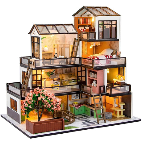 OZJAY DIY Miniature House Kit, Tiny House Kit with Dust Proof Cover & Tools, DIY Wooden Dollhouse Miniature Kit for Adults Teen, Wooden Crafts Lovely Dollhouse Kit OZJAY