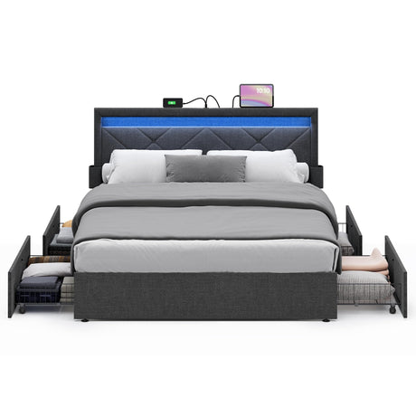 VASAGLE LED Bed Frame Queen Size, Queen Bed with Headboard and 4 Drawers, 1 USB Port and 1 Type C Port, Adjustable Upholstered Headboard 36.7/39.3 Inches, No Box Spring Needed, Dark Gray URMB821G71 VASAGLE
