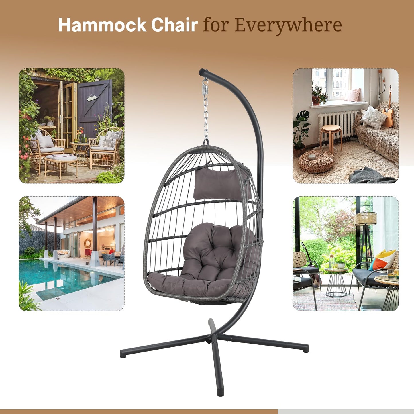 Yangming Hanging Egg Swing Chair with Stand and Weather Cover, Foldable for Indoor Outdoor, Wicker Rattan Basket with Cushion for Bedroom, Patio, Porch - WoodArtSupply