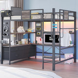 busyaeh Loft Bed Full Size with 5 Drawers & 3 Open Shelves and Charging Station，Full Size Loft Bed with Desk & LED Lights and Thickened Tread Stairs,Loft bed Space-Saving,No Box Spring Needed,Oak Gray busyaeh