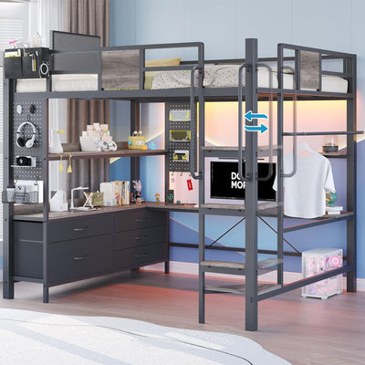 busyaeh Loft Bed Full Size with 5 Drawers & 3 Open Shelves and Charging Station，Full Size Loft Bed with Desk & LED Lights and Thickened Tread Stairs,Loft bed Space-Saving,No Box Spring Needed,Oak Gray