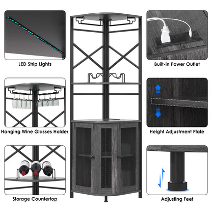 Aufvolr Corner Bar Cabinet with Power Outlet, 5-Tier Industrial Wine Cabinet with LED Strip and Glass Holder, LED Liquor Cabinet Bar Unit for Home, Corner Display Cabinet for Small Space, Grey