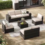 Jing's Villa 8-Piece Patio Furniture Set, All-Weather Outdoor Wicker Sectional Sofa with Cushions, Glass Table & Left and Right Armrest, Rattan Conversation Seating for Porch, Garden, Backyard,Beige Jing's Villa