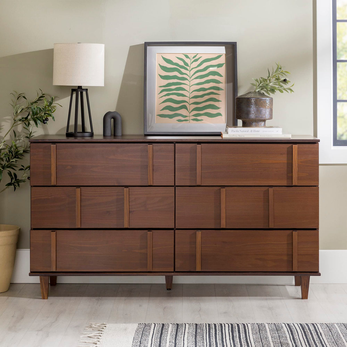 Walker Edison Contemporary Detailed 6-Drawer Solid Wood Dresser, 60 Inch, Walnut-T Walker Edison