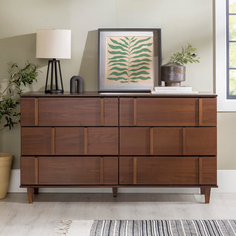Walker Edison Contemporary Detailed 6-Drawer Solid Wood Dresser, 60 Inch, Walnut-T Walker Edison