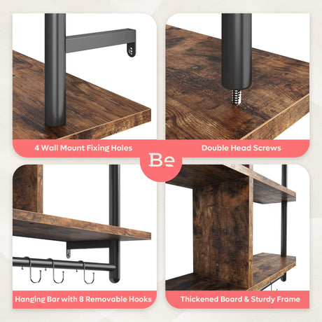 Bestier 3-Tier Rustic Brown Floating Pipe Shelving Unit for Kitchen and Living Room Bestier