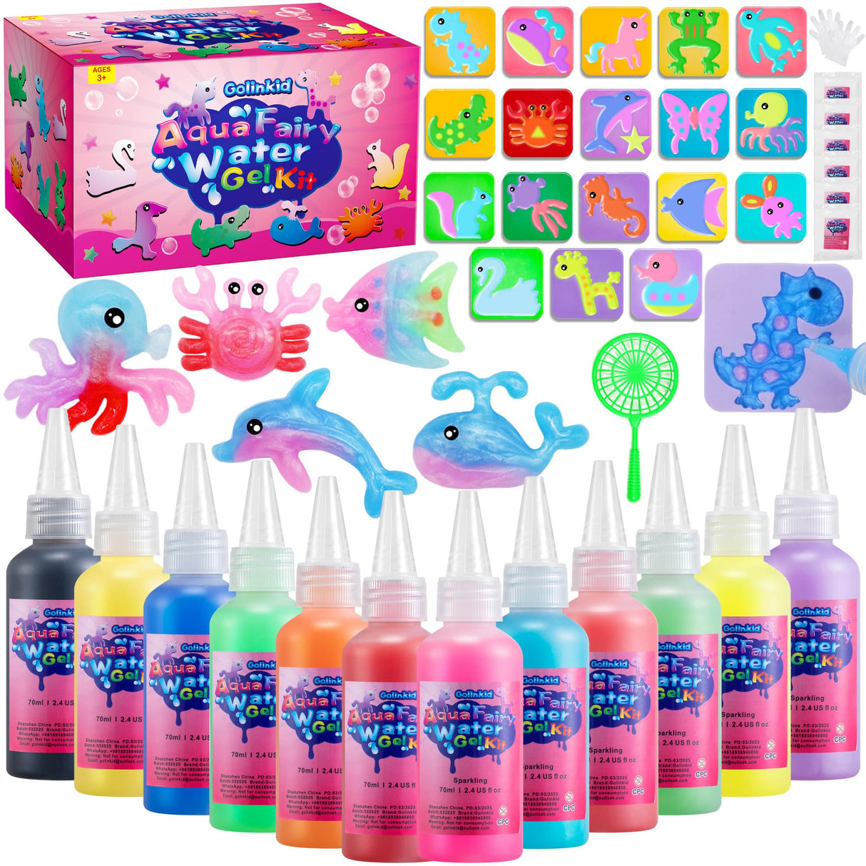 Golinkid Magic Water Elf Toy Kit,12 Bottles 18 Molds 70ML Aqua Fairy Water Gel Kit for Kids with Sparkling Magic Gel, Crate Your Own Magic Water Elf Aqua Fairy Water Pets Craft Kits for Kids Golinkid