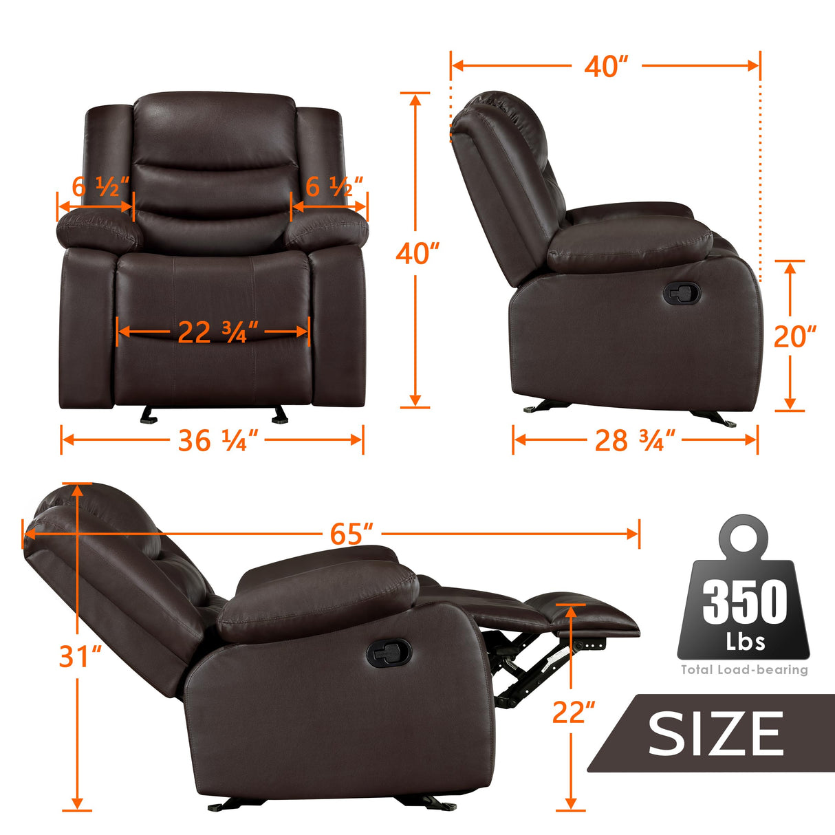 PrimeZone Oversized Rocker Recliner Chair - Comfy Wide Lazy Boy Recliner Chair with Overstuffed Armrest, Faux Leather Manual Reclining Chair for Living Room, Bedroom, Home Theater, Brown Set of 2 PrimeZone