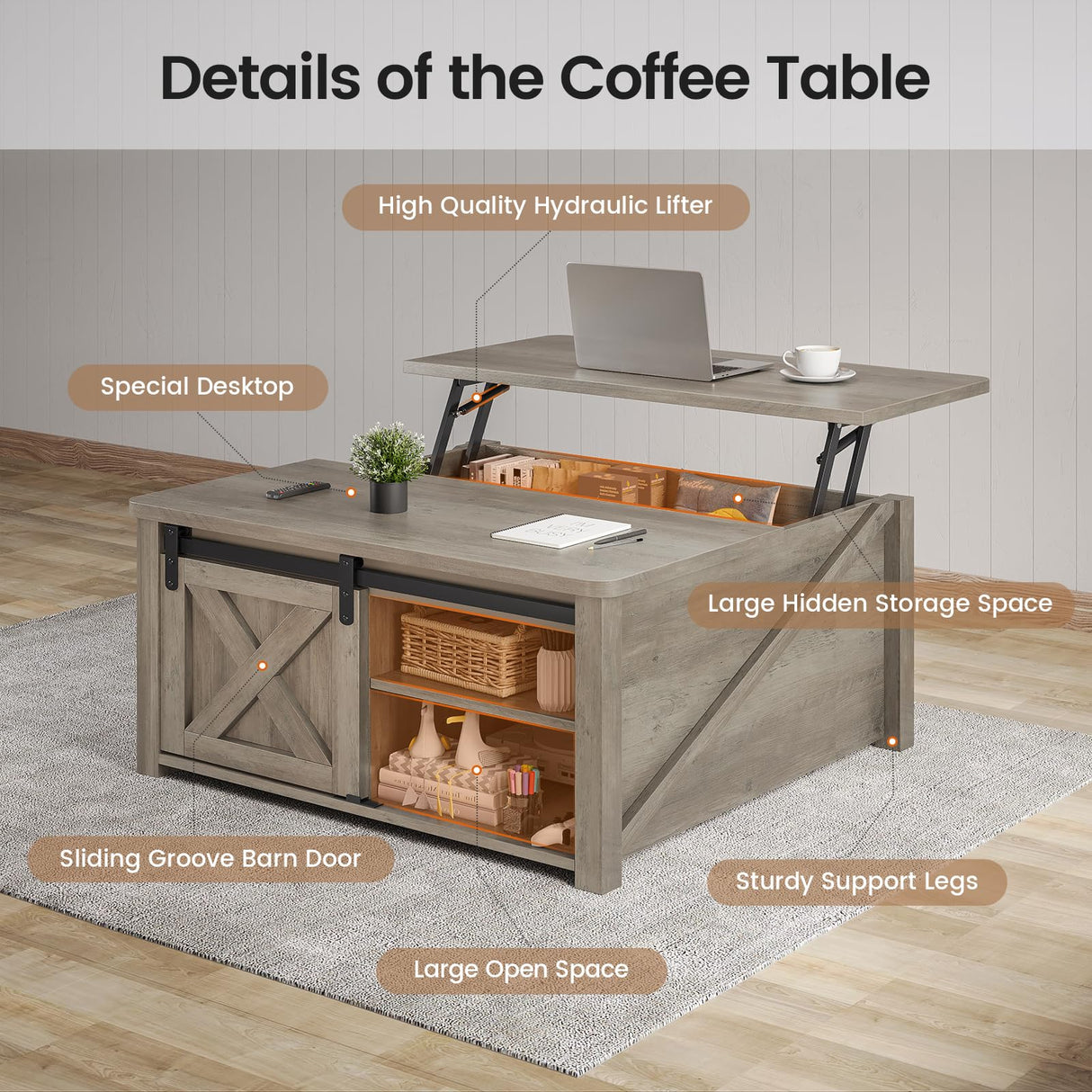 SEDETA 31.5" Lift Top Coffee Table with Storage, Square Coffee Table for Living Room, Farmhouse Coffee Table with Large Hidden Storage Compartment and Adjustable Shelves, Grey SEDETA