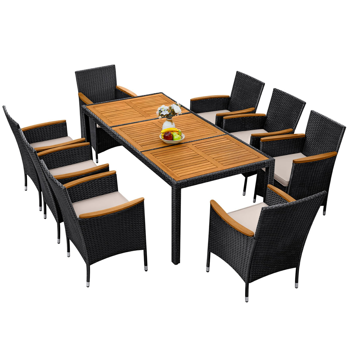 Greesum 9 Pieces Outdoor Patio Dining Set, Conversation Sets with 1 Table and 8 Rattan Chairs with Curved Acacia Wooden Armrests and Cushions, Black Greesum
