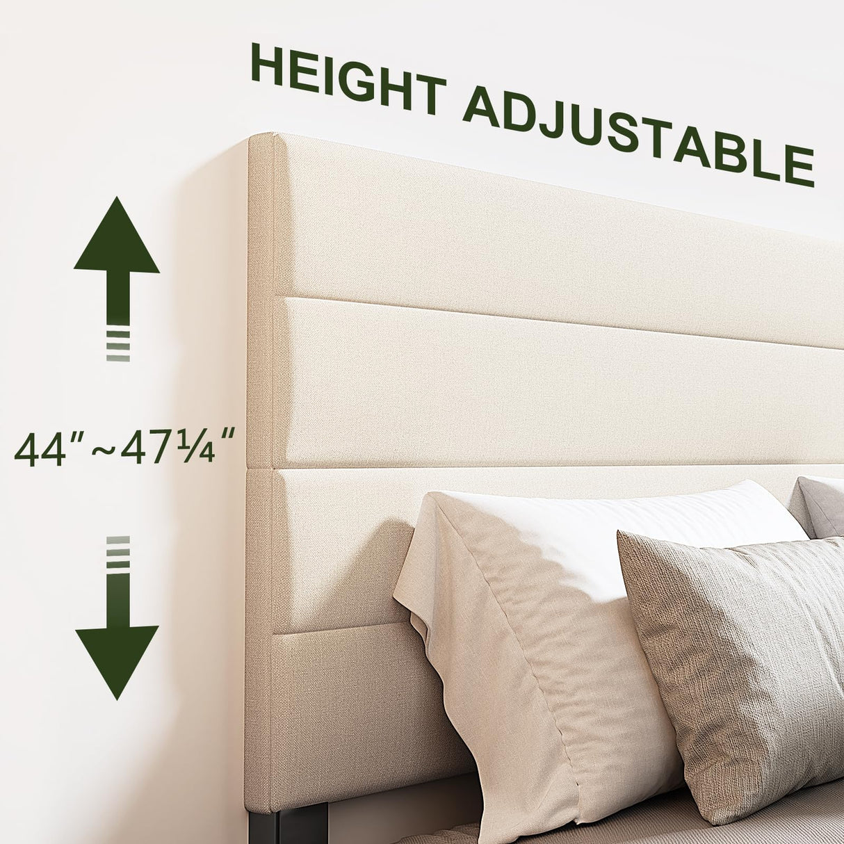 Furnihome Modern King Bed Frame with Adjustable Linen Headboard and Wooden Slats in Beige Furnihome