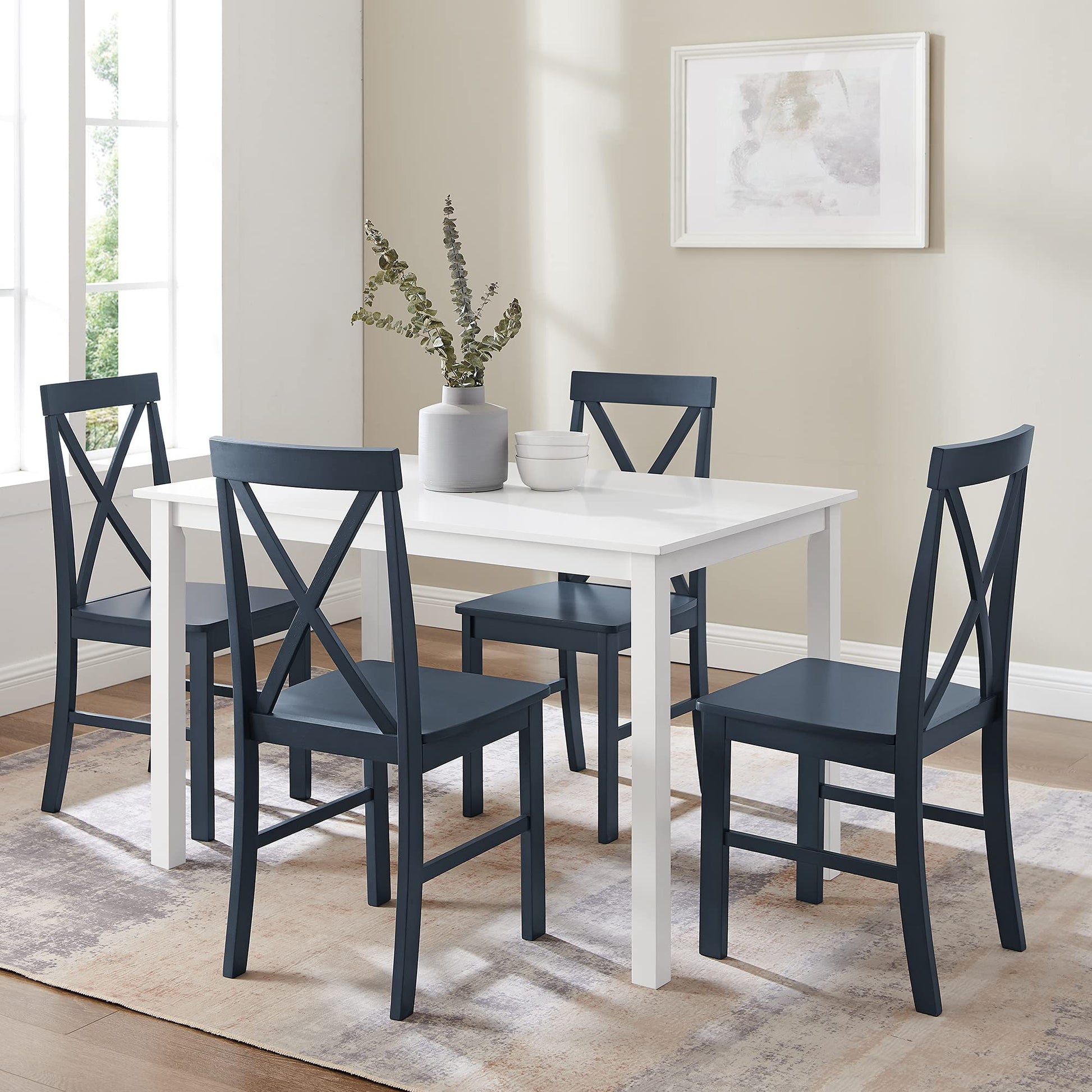 Walker Edison Bennet Bennett Farmhouse 5 Piece Table and X Back Chair Dining Set, Set of 5, Navy Blue - WoodArtSupply