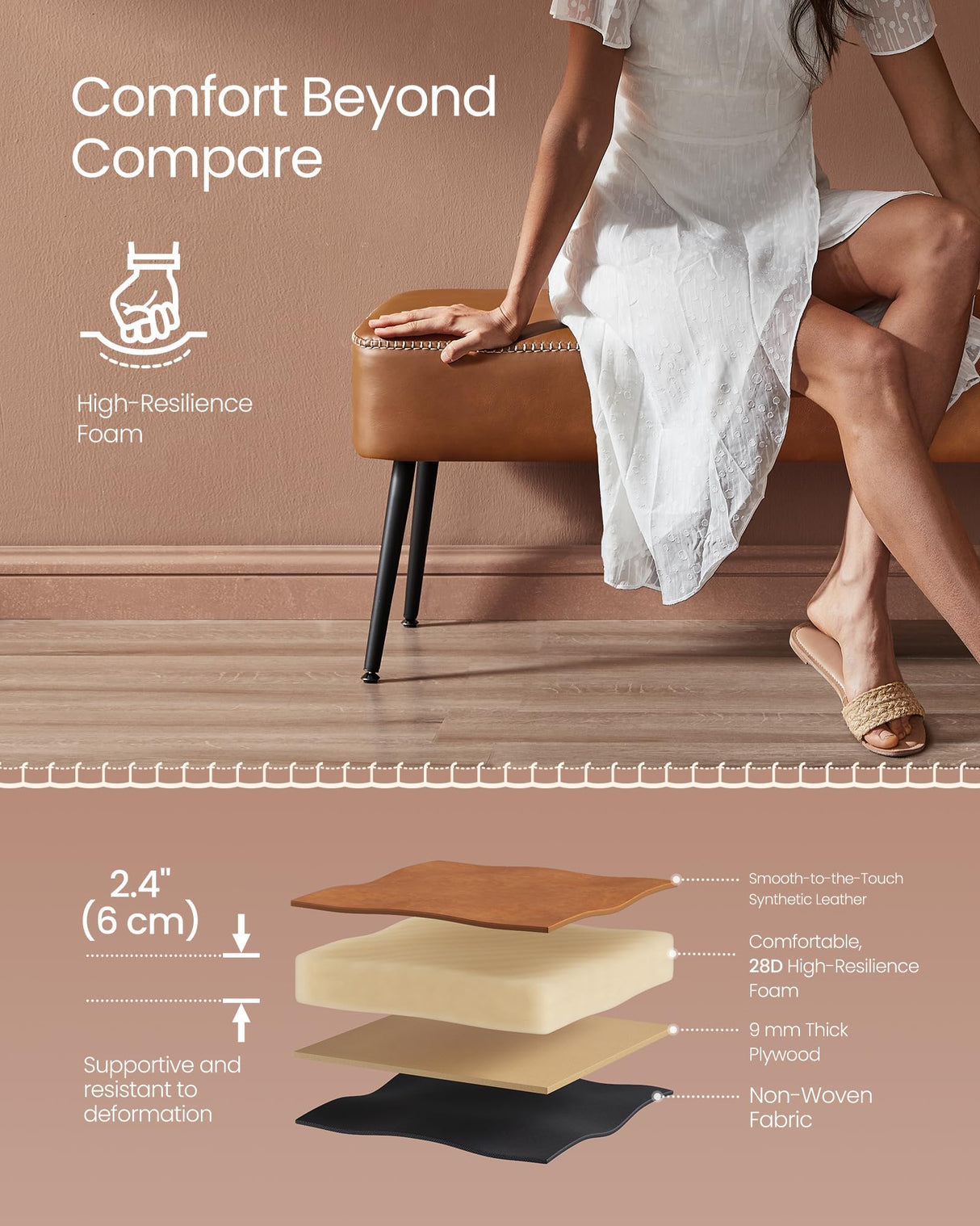 VASAGLE EKHO Collection - Bench for Entryway Bedroom, Synthetic Leather with Stitching, Ottoman Bench with Steel Legs, Living Dining Room, Mid-Century Modern, Loads 660 lb, Caramel Brown ULOM076K01 VASAGLE