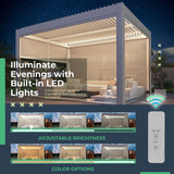 YOLENY Electric Louvered Pergola 10x13, Solar and Electric Powered, Integrated LED and 4 Side Screens, Full Aluminum Frame and Louvers, Adjustable Rainproof Roof for Outdoor Living, White YOLENY