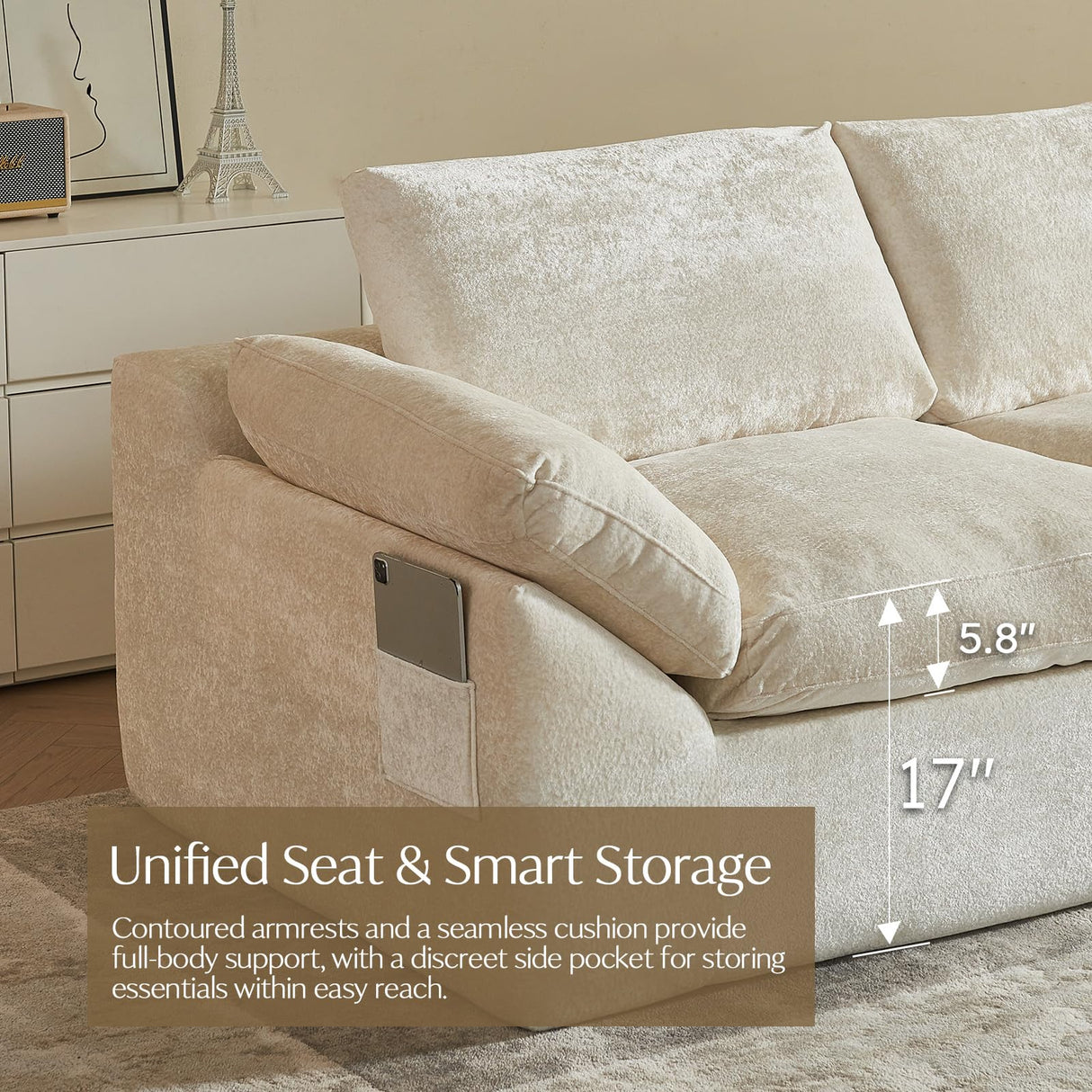 Vamcheer Modular Sectional Cloud Couch, Utra Soft U Shaped Couch with 2 Movable Ottoman, Deep Seat Boneless Couches for Living Room Bedroom, No Assembly Required, Beige Vamcheer