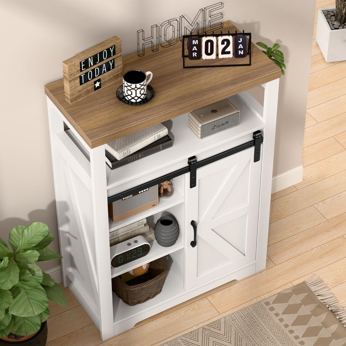 Halitaa Farmhouse Bathroom Floor Cabinet with Sliding Door, Small Storage Cabinet with Adjustable Shelf, Farmhouse Storage Cabinet for Bathroom, Kitchen, Living Room, Rustic Style Cabinet, White Halitaa