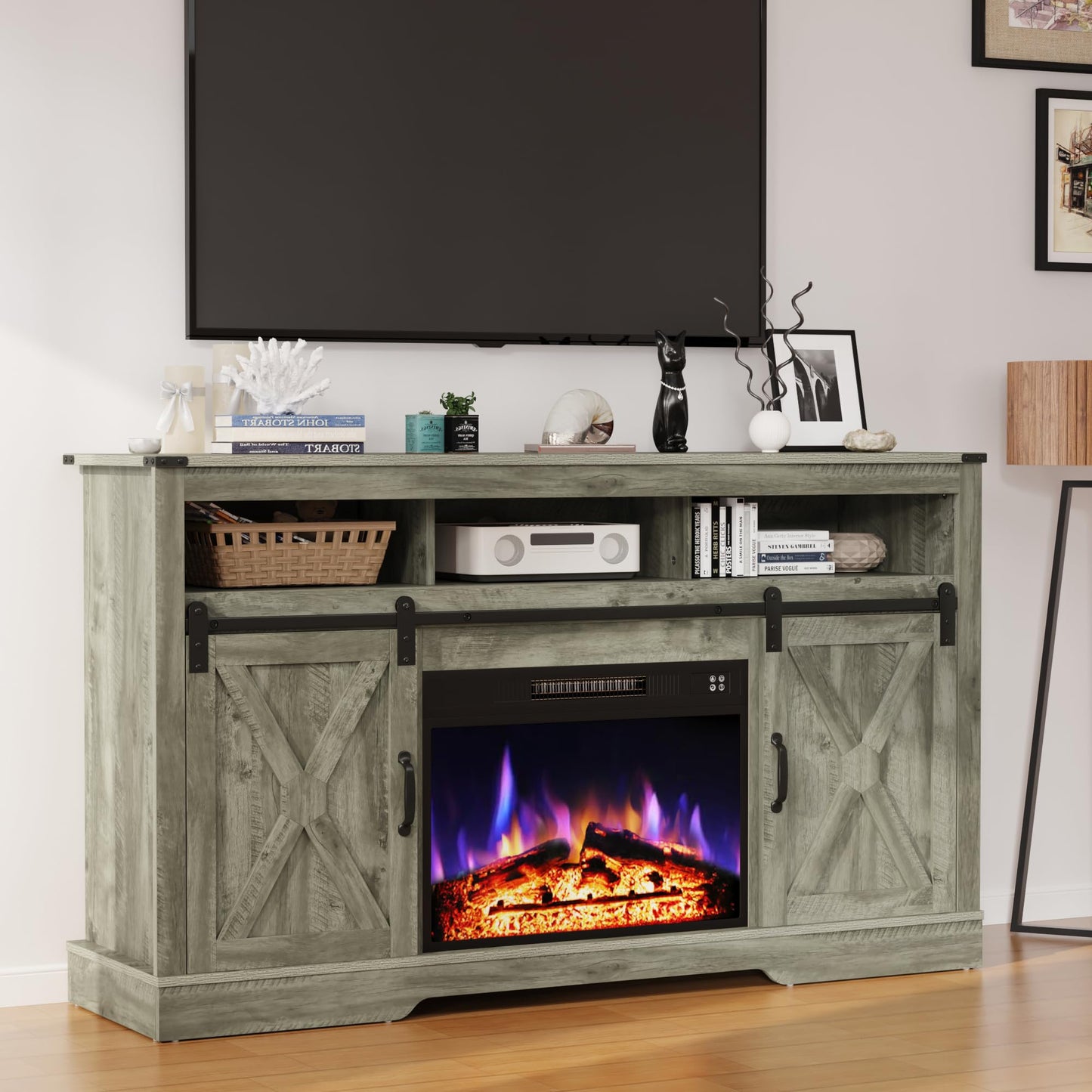 May in Color Fireplace TV Stand for 65+ Inch TV, Farmhouse Entertainment Center with 23" Electric Fireplace with Remote, Modern Rustic TV Console with Sliding Bar Door for Living Room,Light Grey