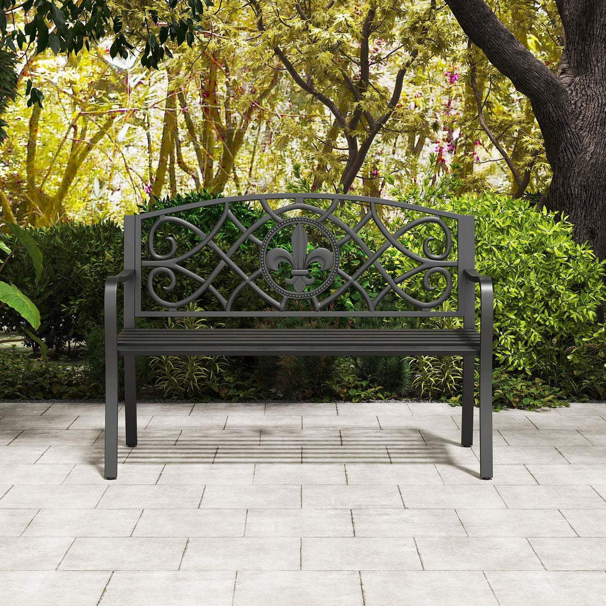 Giantex 50.5” Outdoor Bench with Metal Frame, Floral Design Cast Iron Backrest, Slatted Seat, Adjustable Foot Pads, Load 660Lbs, Garden Bench for Outside Patio Backyard Porch Park, Black Giantex