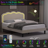 VECELO Upholstered Full Bed Frame with Headboard Adjustable, LED Lights, USB-A & Type-C, Velvet Platform Bed Noise Free, Mattress Foundation with Wooden Slats, No Box Spring Needed, Beige VECELO
