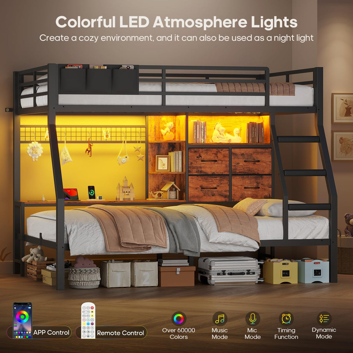 BTHFST Bunk Bed Twin Over Twin with 4 Storage Drawers & Shelves & Bedside Caddy, Twin Bunk Beds with Led Lights & Charging Station, Metal Bunk Bed with Angled Ladder & Safety Guardrail, Rustic Brown BTHFST