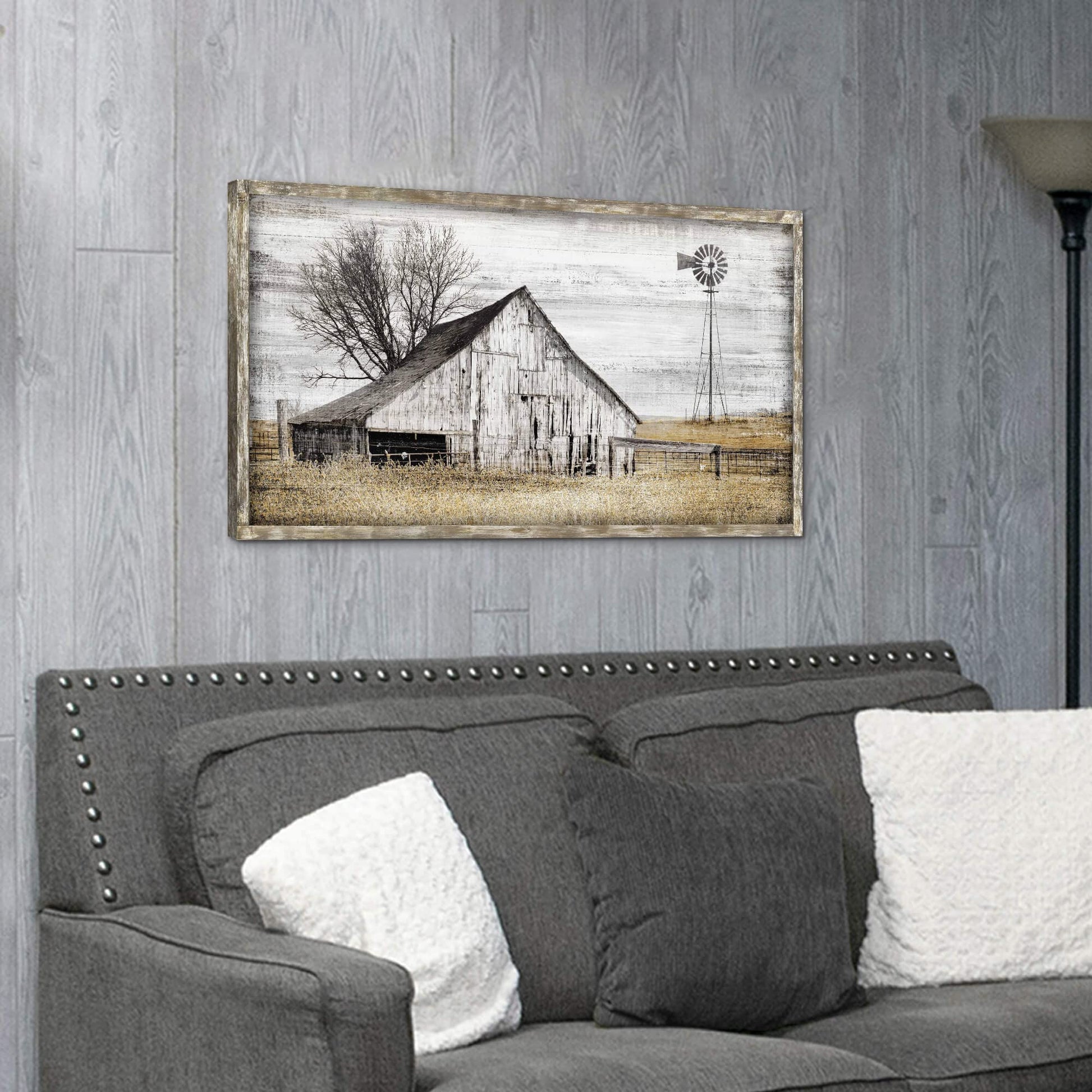 Barn Framed Wall Art Farmhouse: Rustic Farm Wood Picture Decor Large Windmill Country Scene Painting Horizontal Nature Landscape Artwork Panoramic Countryside View Print for Home Living Room  - WoodArtSupply