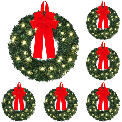 Yuxung 6 Pcs 14 Inch Pre Lit Christmas Wreath with Lights Mini Artificial LED Christmas Front Door Wreath with Red Bow for Xmas Holiday Party Decorations Table Fireplaces Porch Wall Ornament