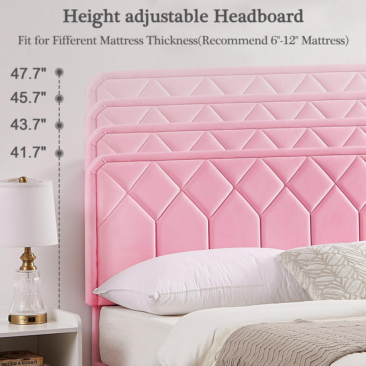 VECELO Queen Size Bed Frame Premium Velvet Upholstered Platform with Height Adjustable Headboard/Mattress Foundation, Solid Wooden Slat Support, No Box Spring Needed/Easy Assembly VECELO