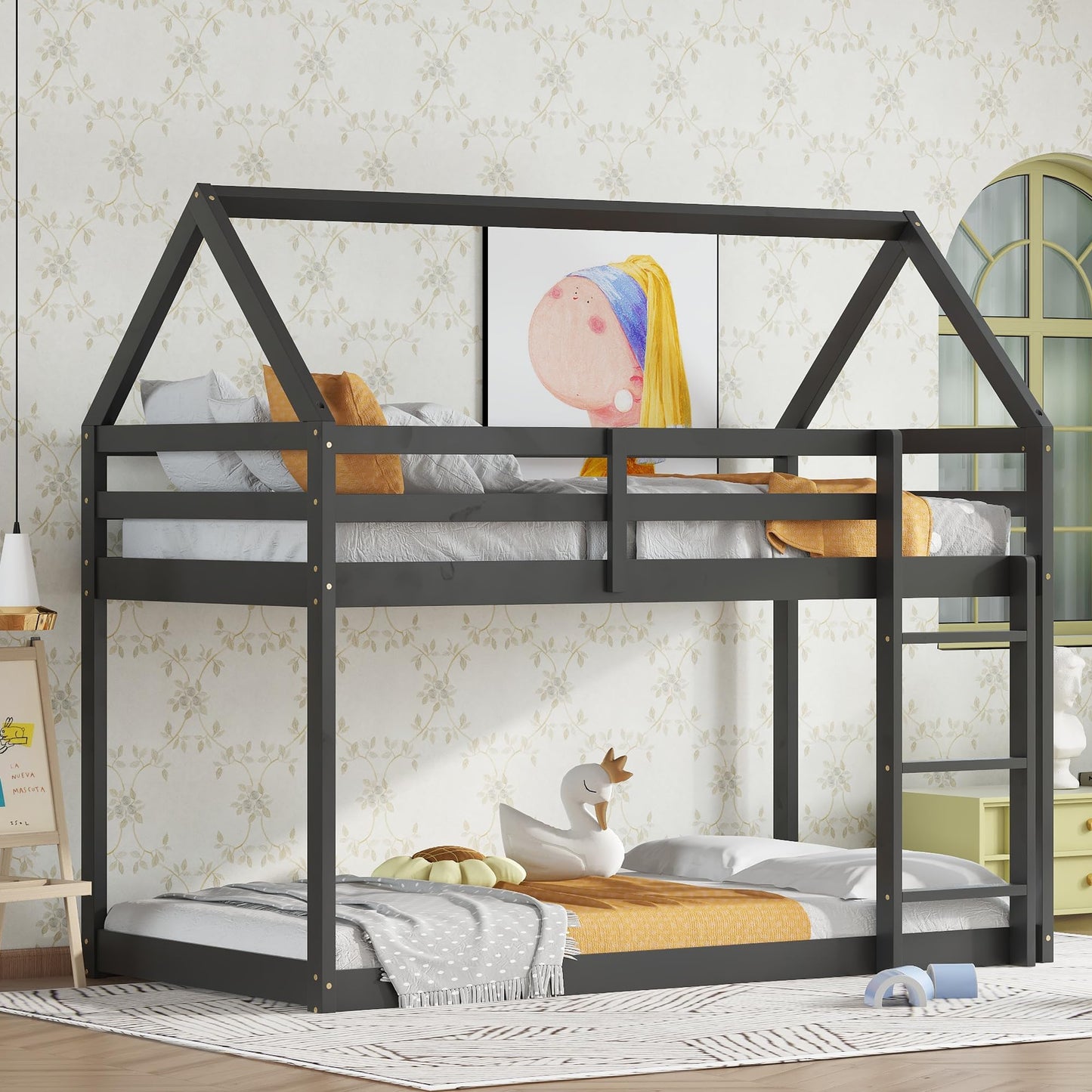 Twin Over Twin House Bunk Bed for Kids,Twin Size Low Bunk Beds with Ladder,Floor Bunk Bed Twin Over Twin,Solid Bunk Bed for Girls Boys,Black