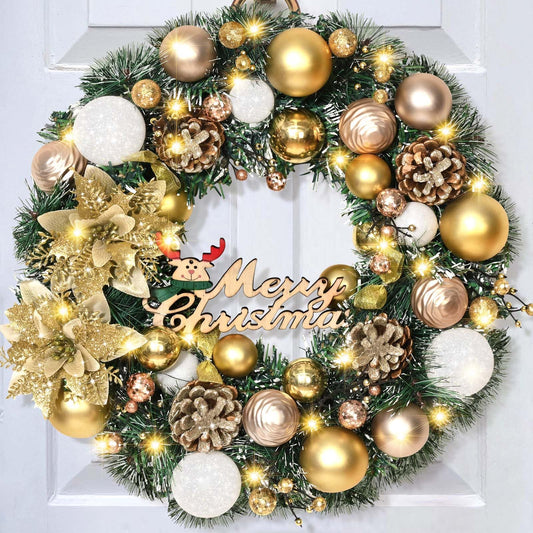 Christmas Wreath with Lights Decorations -Christmas Wreaths for Front Door, 16 Inch Lighted Christmas Door Wreath with Poinsettias Balls Pinecones, Christmas Wreaths for Indoor Outdoor Decor