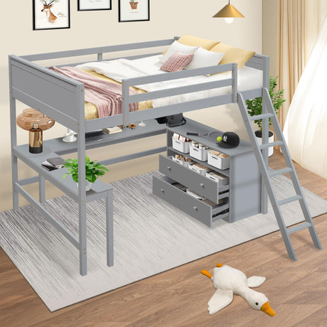 Full Size Loft Bed with L-Shaped Desk, Storage Shelves & Drawers in Grey - Solid Wood Frame with Guardrails & Ladder for Space-Saving Solutions LLS