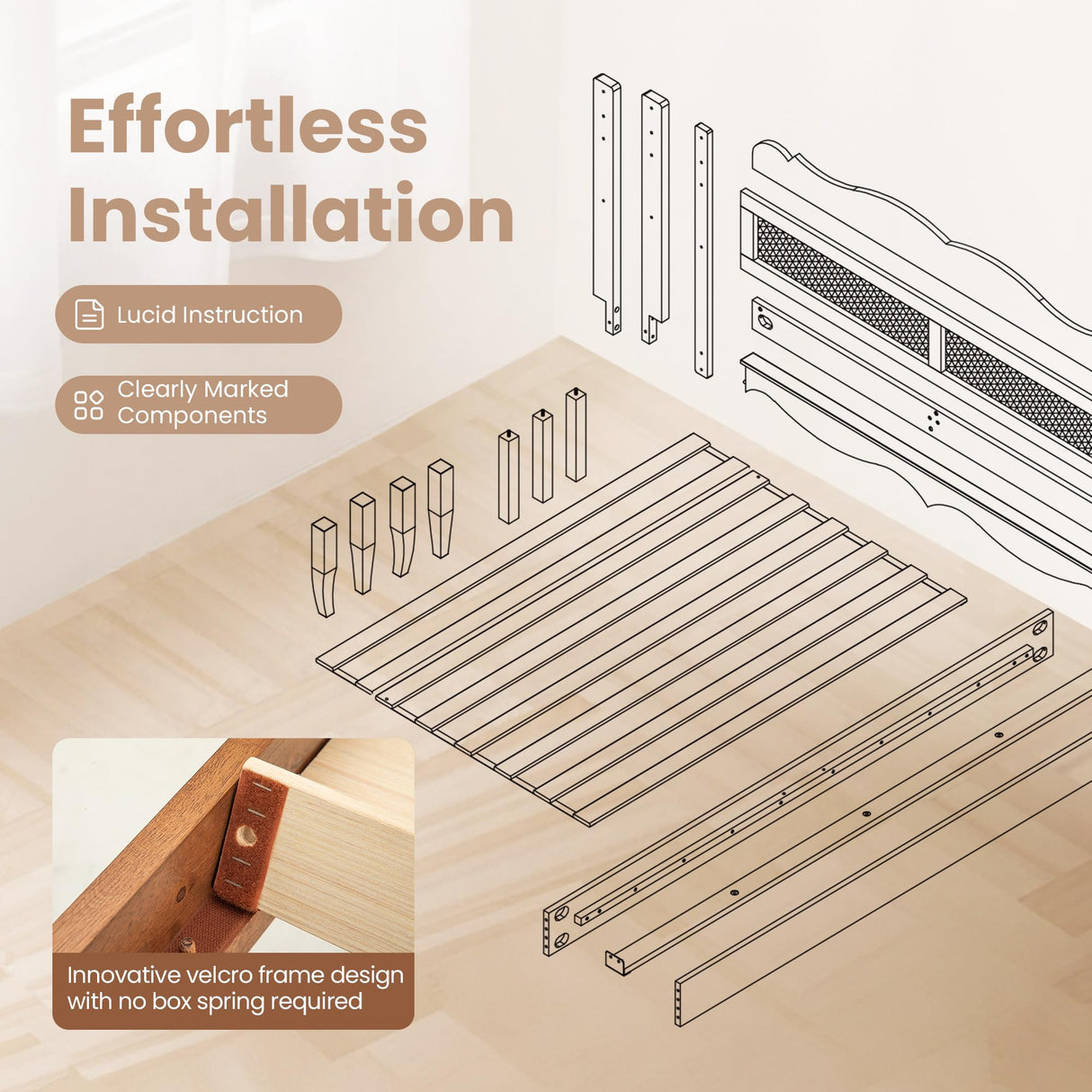 PHI VILLA Rattan King Bed Frame with Headboard, Wood Mid Century Boho Bed Frames, No Box Spring Needed, Brown PHI VILLA