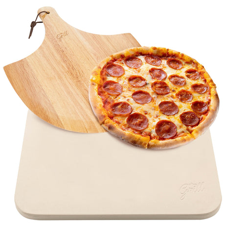 HANS GRILL PIZZA STONE | Rectangular Pizza Stone For Oven Baking & BBQ Grilling With Free Wooden Peel | Extra Large 15 x 12" Inch Durable Cordierite Cooking Stone. Hans Grill