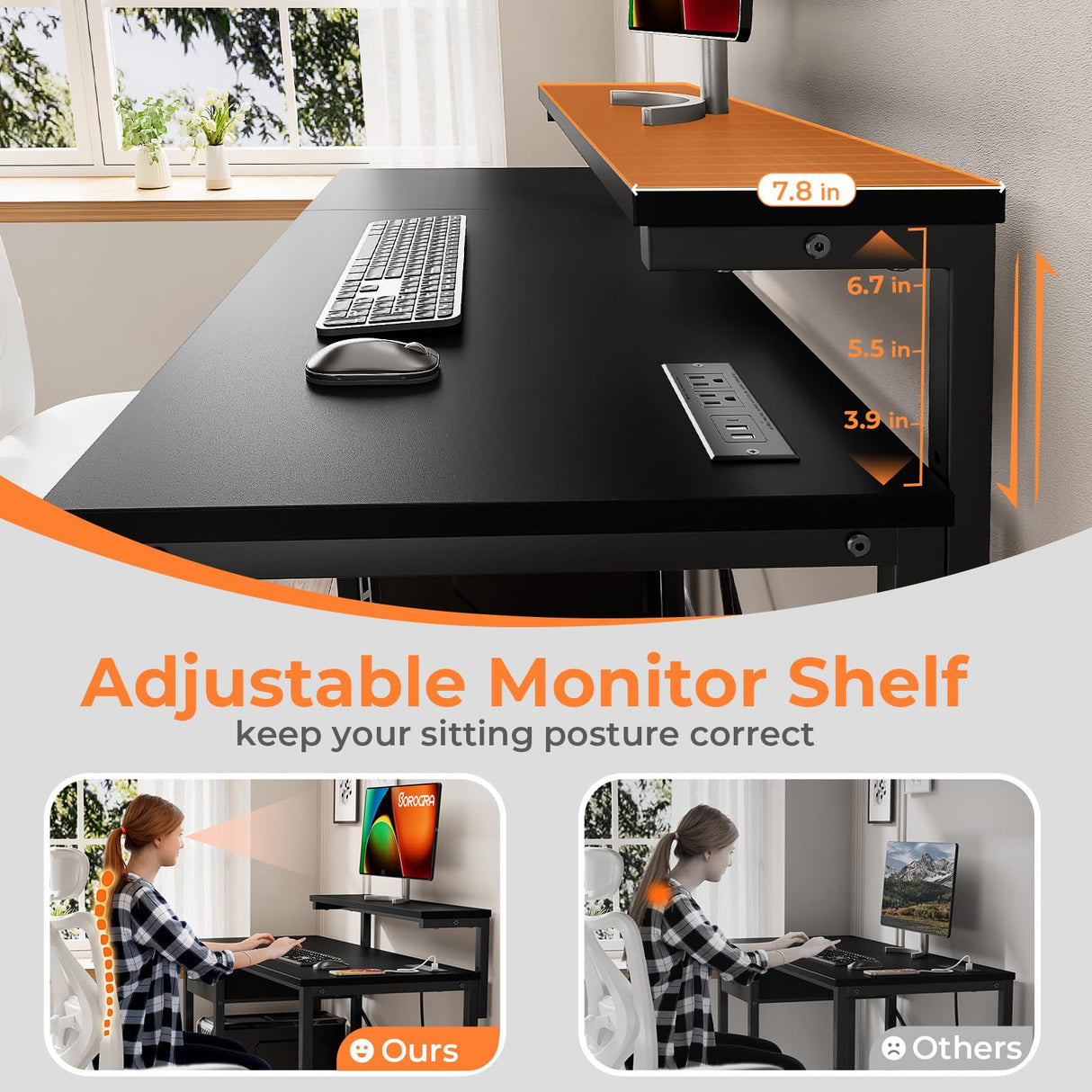 SOROGRA Computer Desk with Adjustable Monitor Stand, 39.4 in Small Desk with Reversible Storage Shelves, Office Desk with Large Desktop Spaces for Home Bedroom Workstation, Black SOROGRA