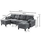 Portaforta Convertible Sectional Sofa Couch, 101" U Shaped Couch with Storage Chaise and Side Pocket, Modern Polyester 4-Seat Reversible Sofa Set for Living Room, Dark Grey Portaforta