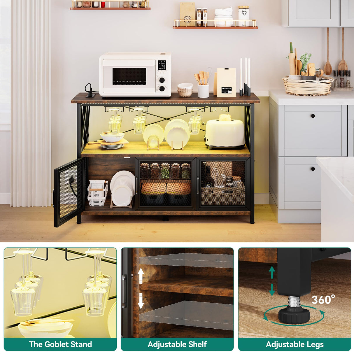 YITAHOME 47" Rustic Brown Wine Cabinet with LED Lights and Power Outlets YITAHOME