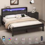LOEWAY Queen Size Bed Frame with LED Lights and Charging Station, Industrial Platform Bed with Storage Headboard, Heavy Duty Metal Slats, No Box Spring Need, Noise Free, Grey LOEWAY