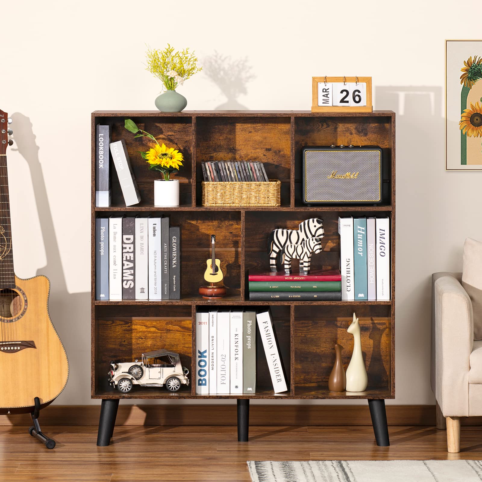 LEYAOYAO 8-Cube Rustic Brown Mid-Century Modern Bookshelf with Legs - 3-Tier Storage Organizer - WoodArtSupply