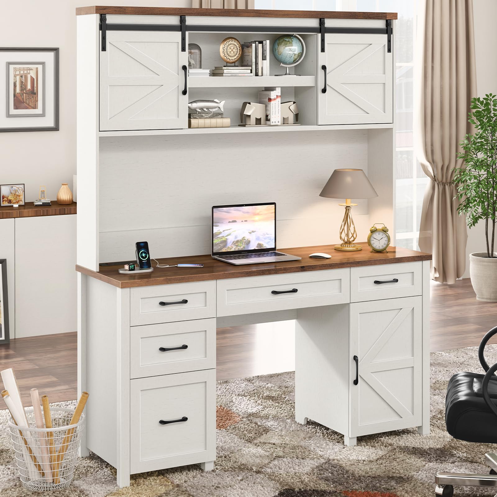 Farmhouse 67" H Executive Desk with Hutch,Office Desk with 5 Drawers, Computer Desk with Storage Cabinet & File Drawers and Charging Station, Wood Workstation for Home Office and Study - WoodArtSupply