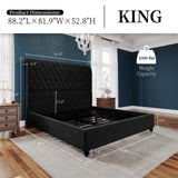 PaPaJet King Bed Frame Upholstered Platform Bed Frame with 52.8'' Tall Sleigh Headboard, Button Tufted, No Box Spring Needed, Easy Assembly, Black PaPaJet
