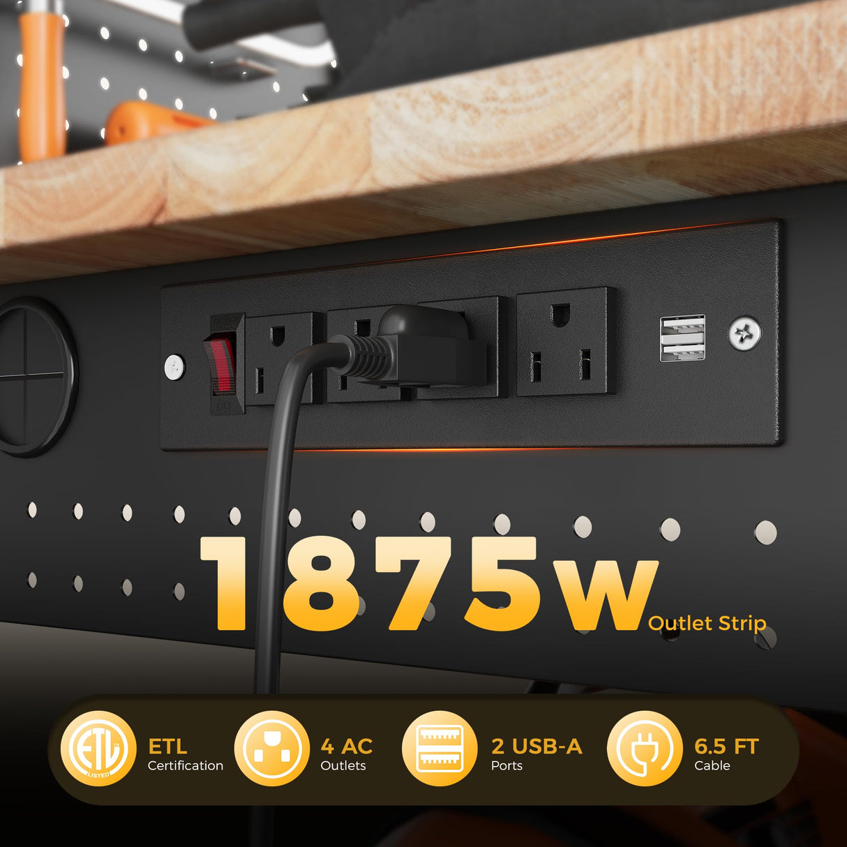 CAMMOO 60" Work Bench Adjustable Height with Storage Shelf, Max Load 2000 LBS Heavy Duty Rubberwood Tabletop with Pegboard, LED Light, Built-in Power Strip for Woodworking Shop, Garage, Home CAMMOO