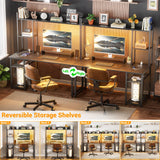 Cyclysio Gaming Desk with Hutch, 47'' Computer Desk with LED Lights & Power Outlets, Home Office Desk with Reversible 5 Tiers Storage Shelves & Monitor Stand, Small Gaming Table for Small Space, Black Cyclysio