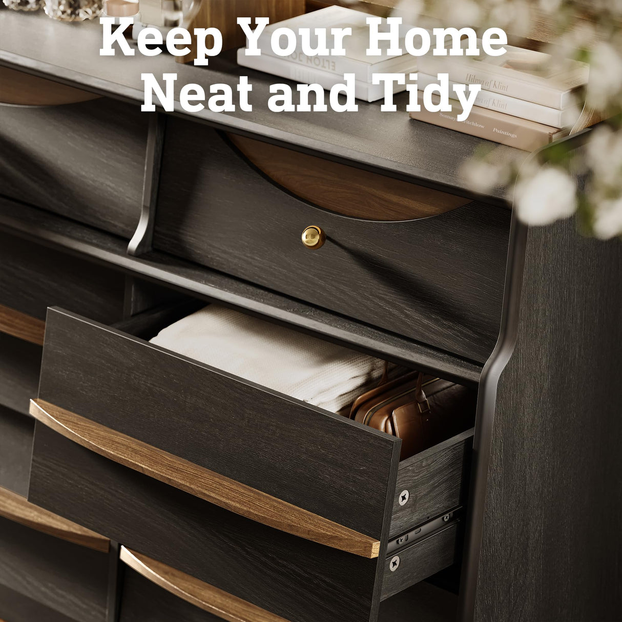 63" W 9-Drawer Black Dresser for Bedroom, Modern Wood Chest of Drawers w/LED Light, Round Knobs & Solid Wood Handles, Long Wooden Dresser TV Stand w/Shelf for TVs up to 75", Curved Profile Design STO'SENSE