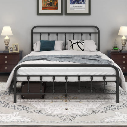 DUMEE Textured Black Metal Queen Bed Frame with Vintage Headboard & Footboard, No Box Spring Needed - WoodArtSupply