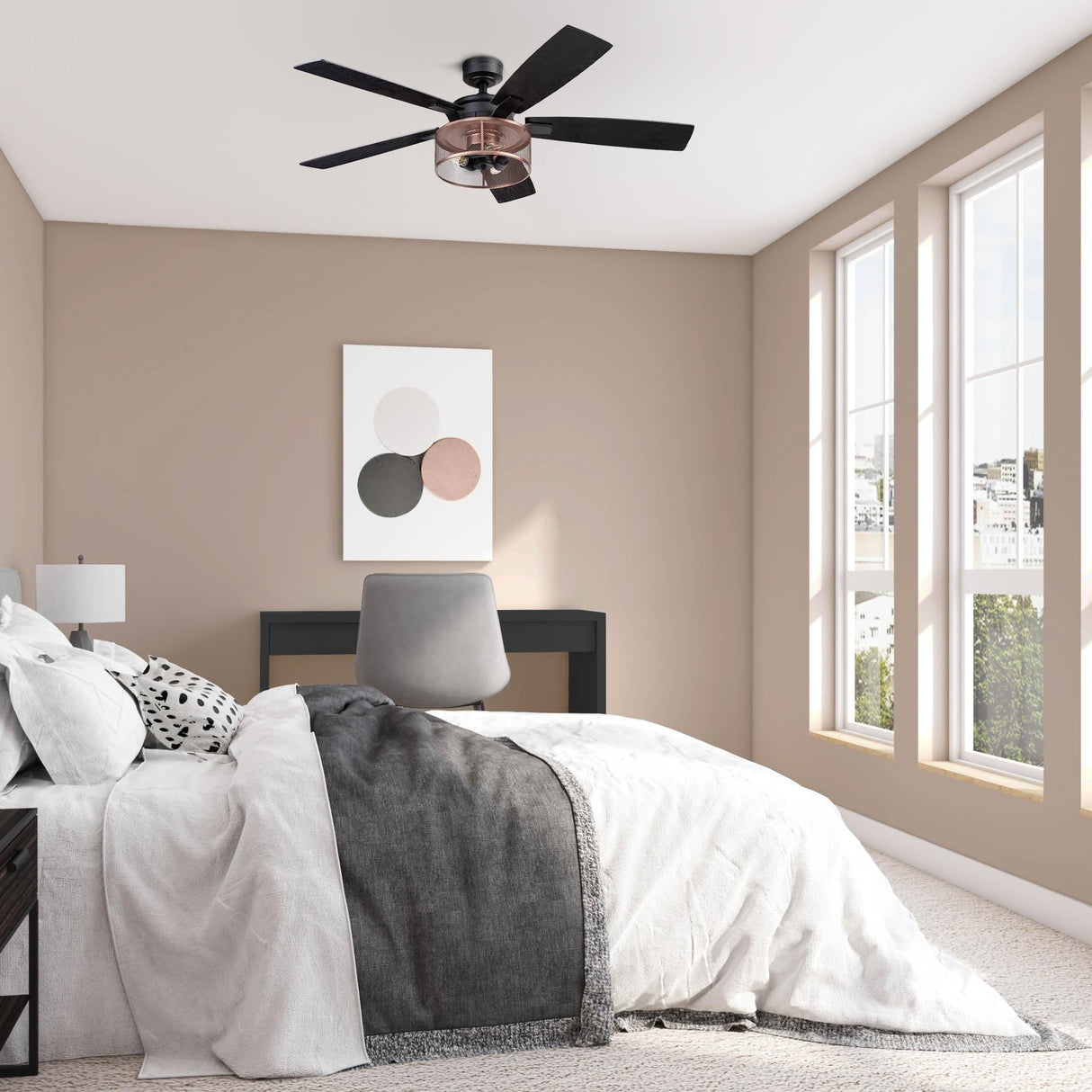 Honeywell Ceiling Fans Carnegie Industrial 52 Inch Ceiling Fan with Light, Remote Control Fan, LED Indoor Fan with 5 Blades, Black Oak and Brown Mopane Blade Finish Options, Copper (51459-01) Honeywell