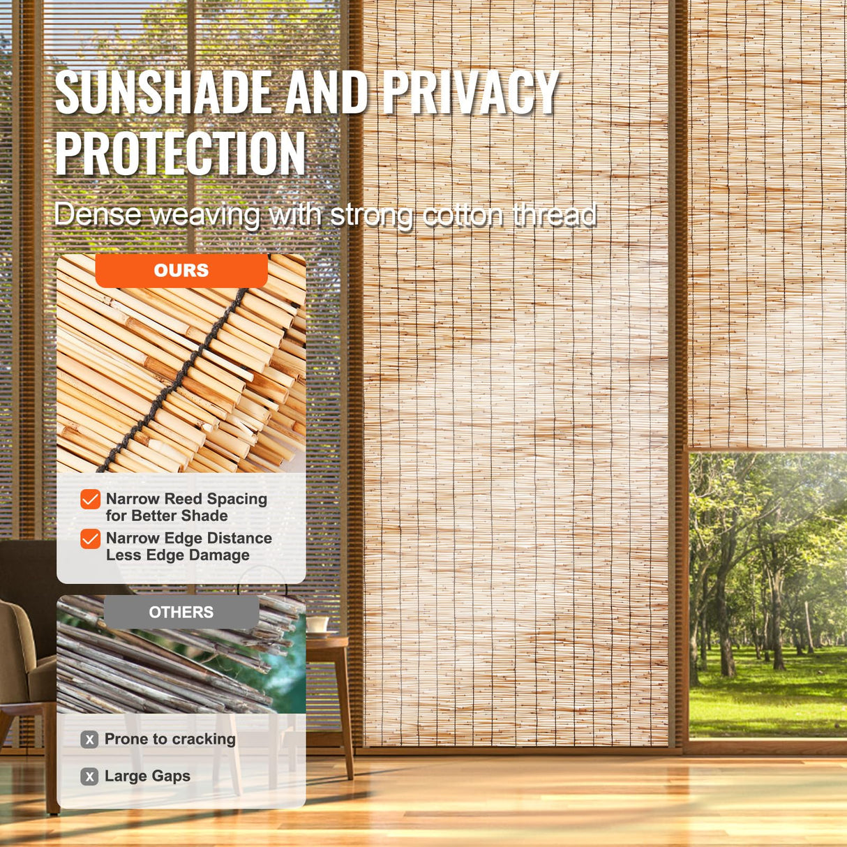 VEVOR Natural Reed Fencing, 4 ft x 16.4 ft, Reed Screen Curtain Balcony Reed Fence Roll for Outdoor Backyard Patio, Decorative Fence for Backyard Garden Fencing Divider, Privacy Screen Panel, Natural VEVOR